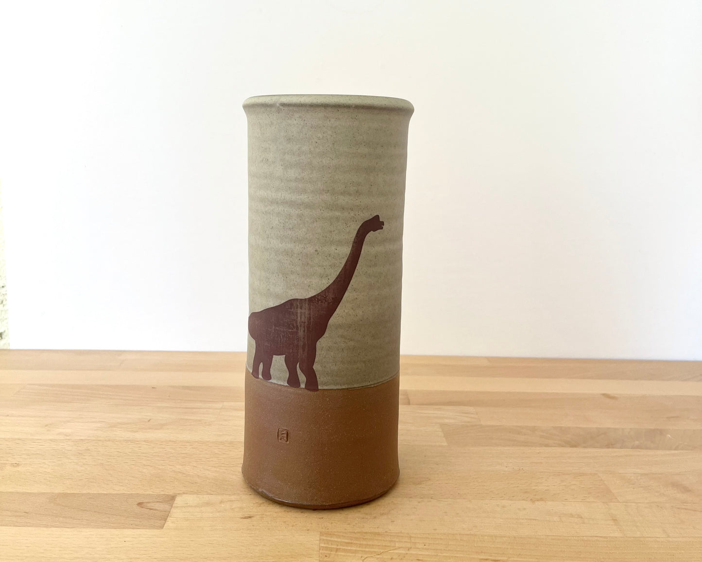 Cylindrical Vase with brachiosaurus- warm grey matte