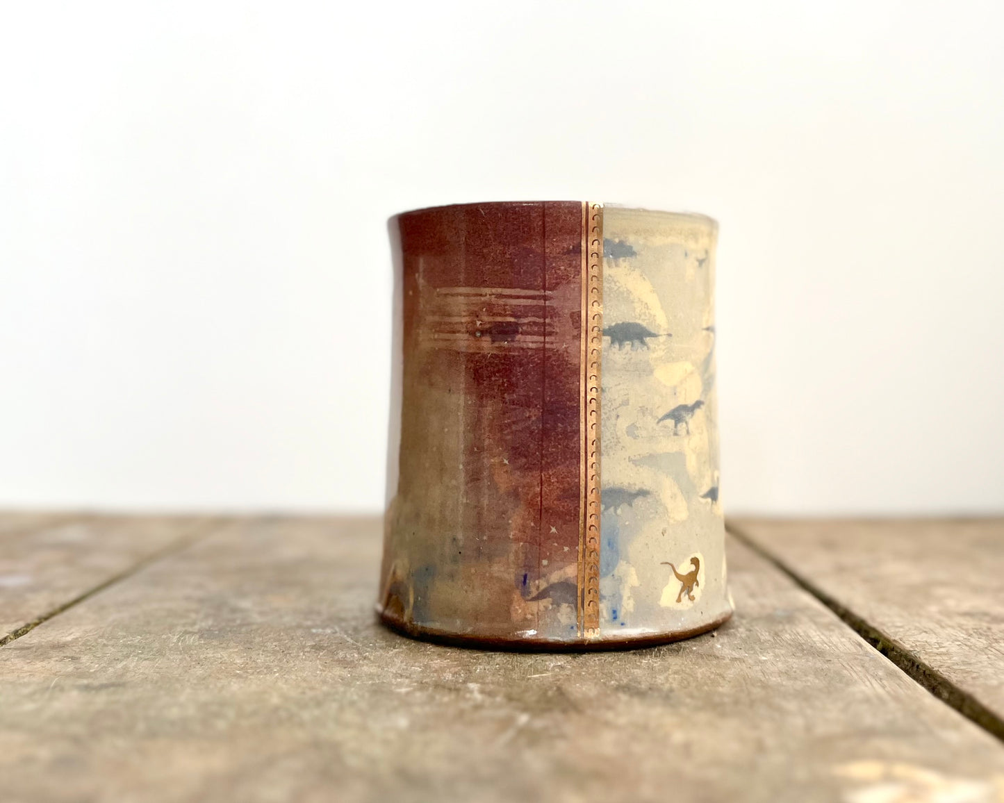 Mug with slip, gold decals and image transfer