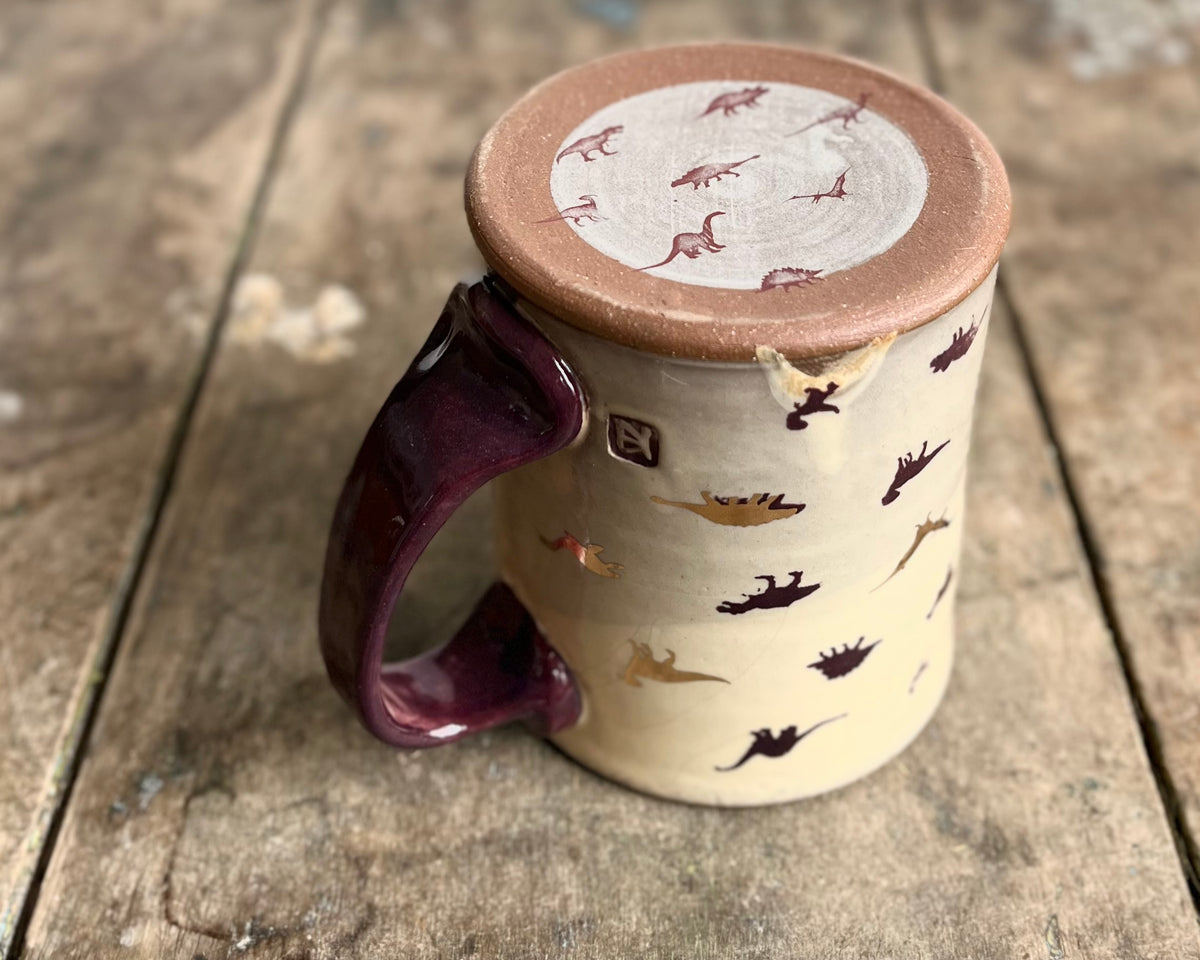 Mug with purple handle, gold decals and image transfer