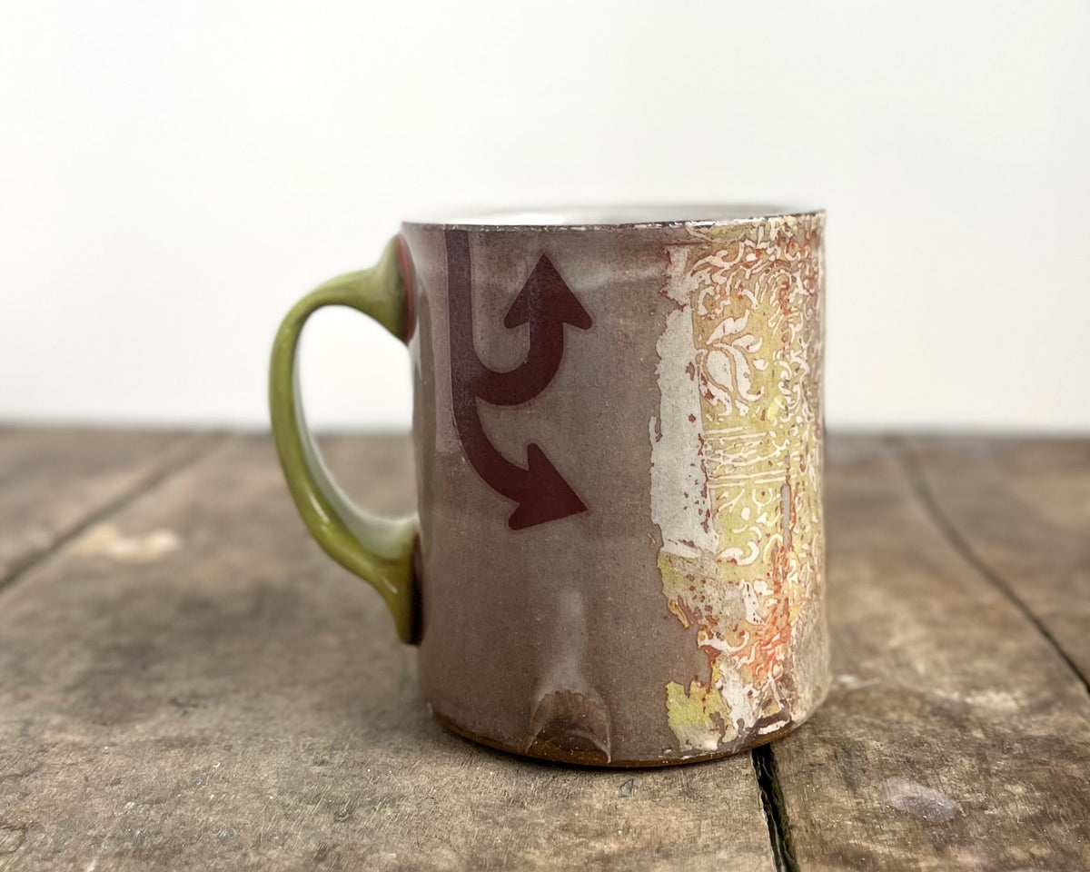 Mug with slip, gold decals and image transfer
