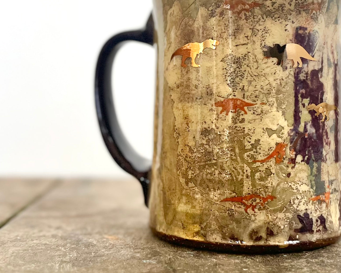 Mug with slip, gold decals and image transfer