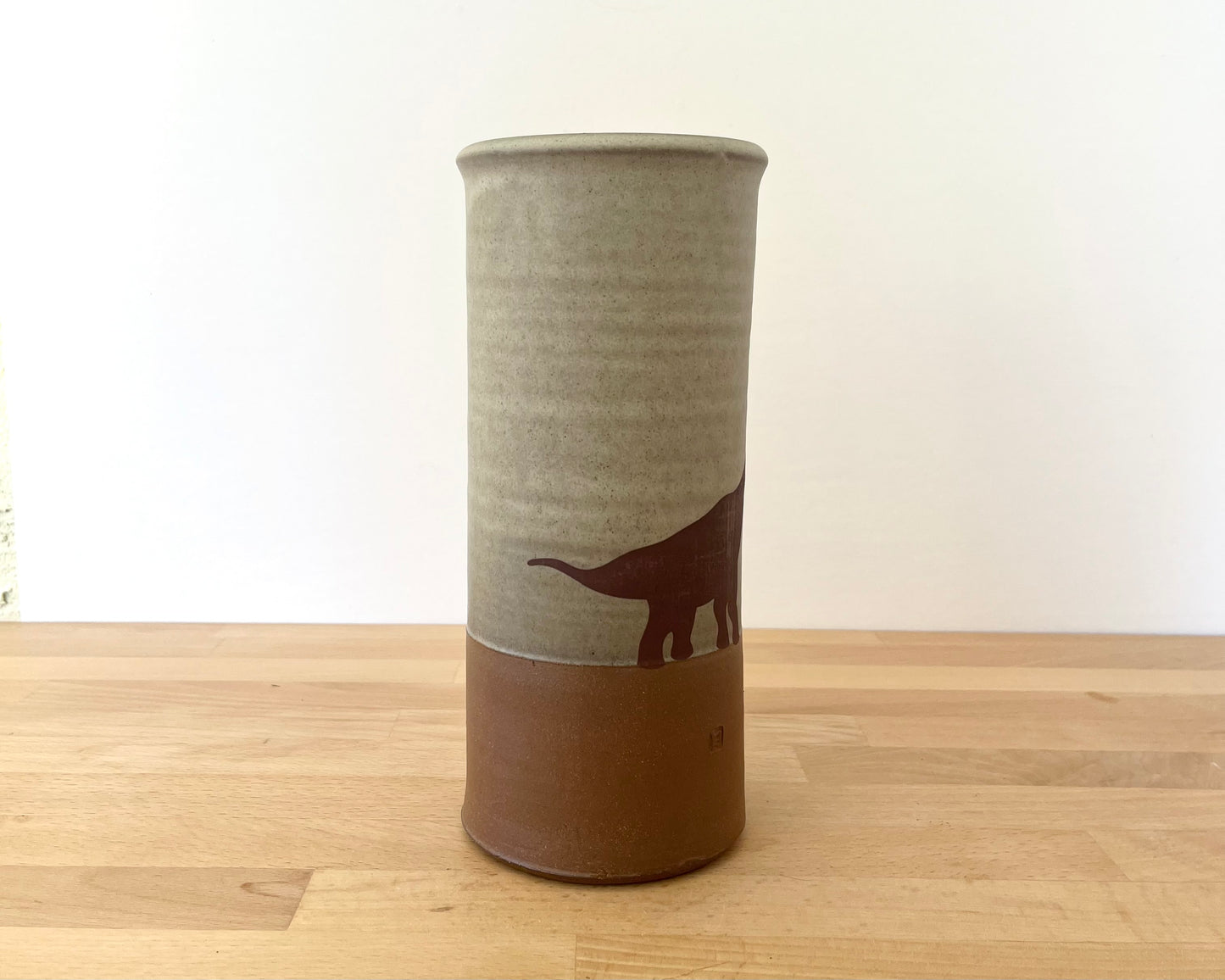 Cylindrical Vase with brachiosaurus- warm grey matte