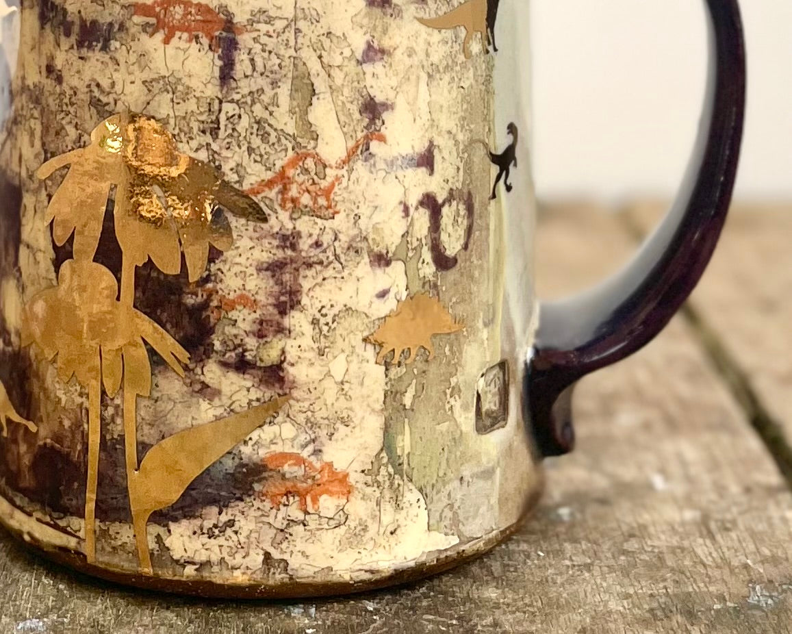 Mug with slip, gold decals and image transfer
