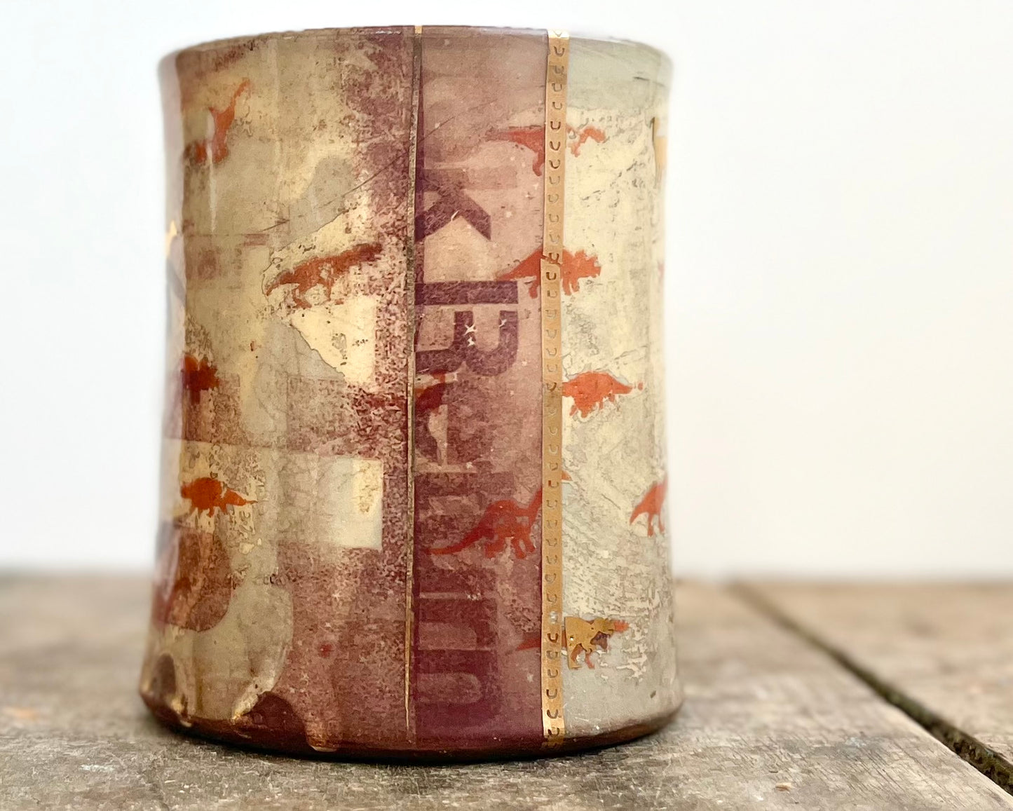 Mug with slip, gold decals and image transfer