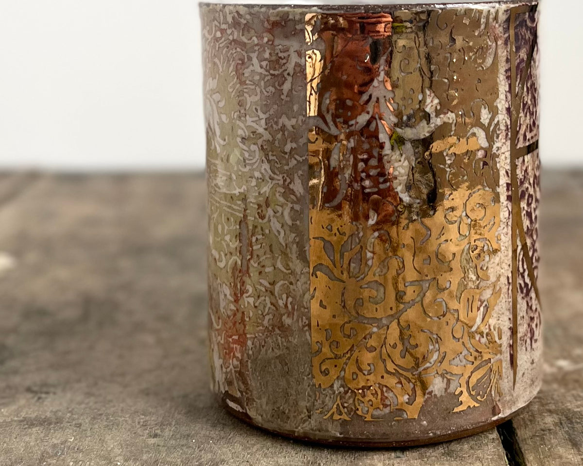 Mug with slip, gold decals and image transfer