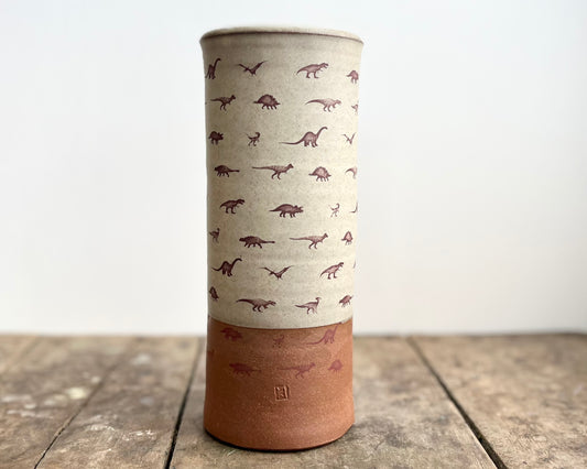 Cylindrical Vase with little dinosaurs - warm grey matte