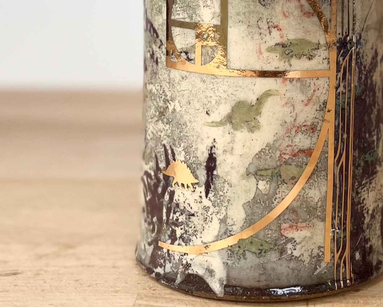 Mug with slip, gold decals and image transfer