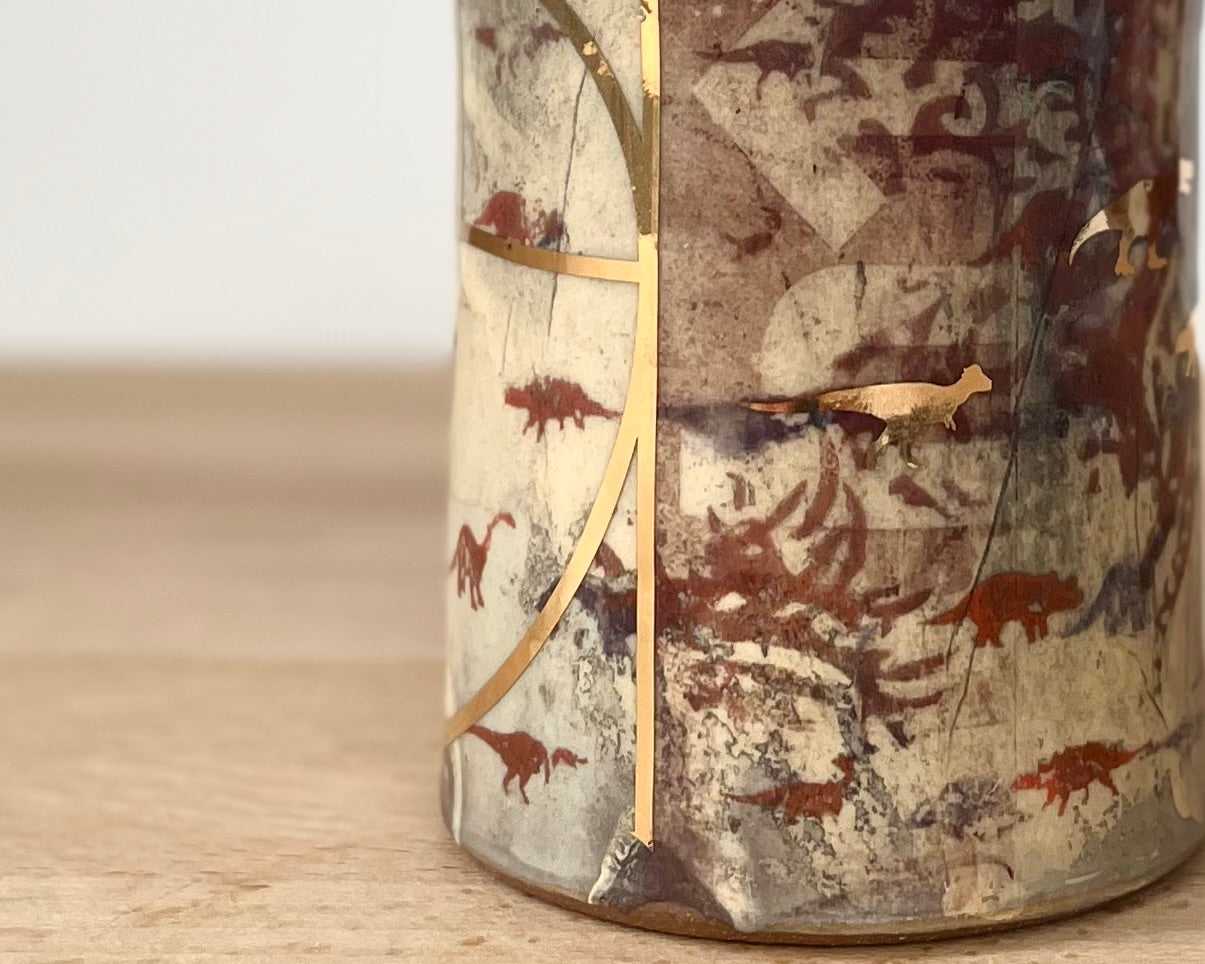 Mug with slip, gold decals and image transfer