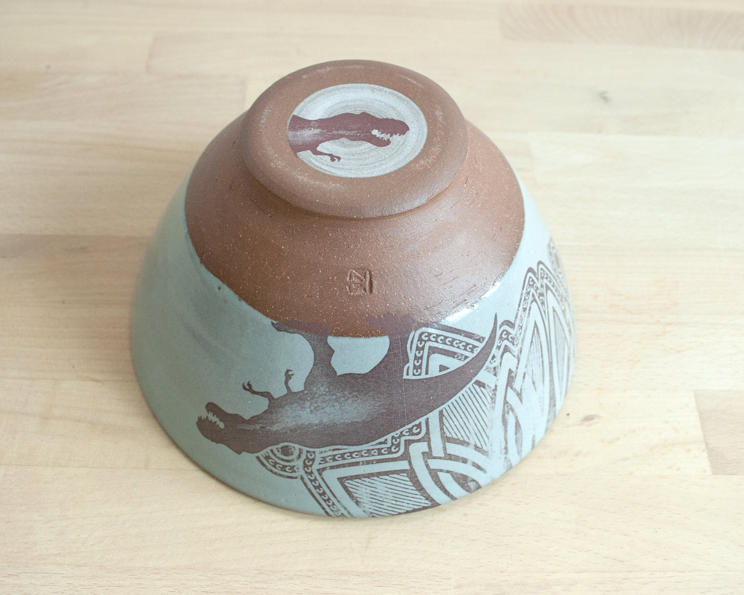 T-Rex Noodle Bowl with background pattern - blue