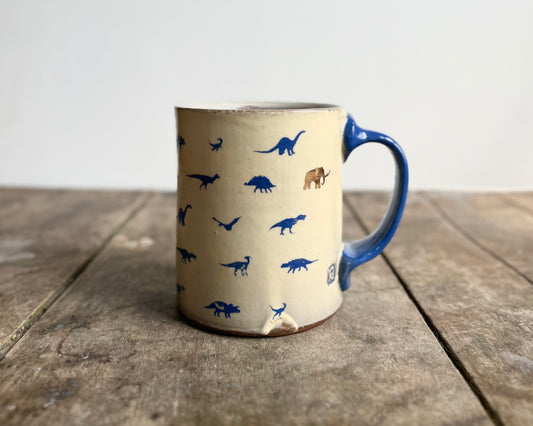 Mug with blue handle, gold decals and image transfer