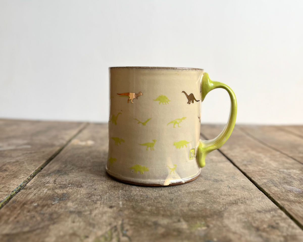 Mug with green handle, gold decals and image transfer