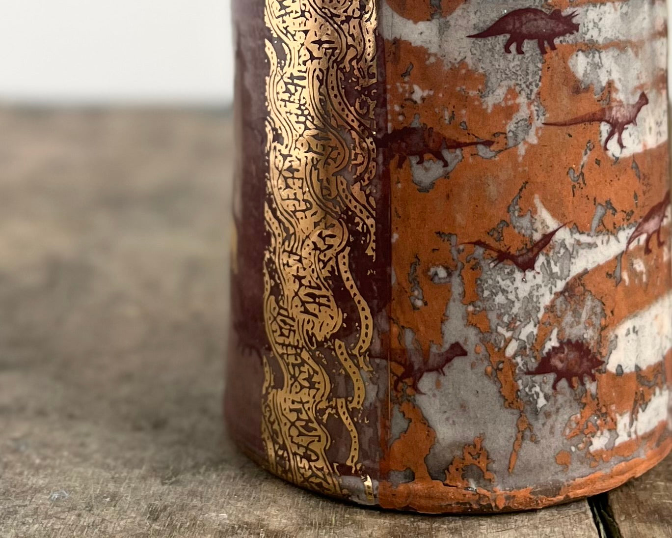 Mug with slip, gold decals and image transfer