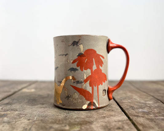 Mug with slip, gold decals and image transfer