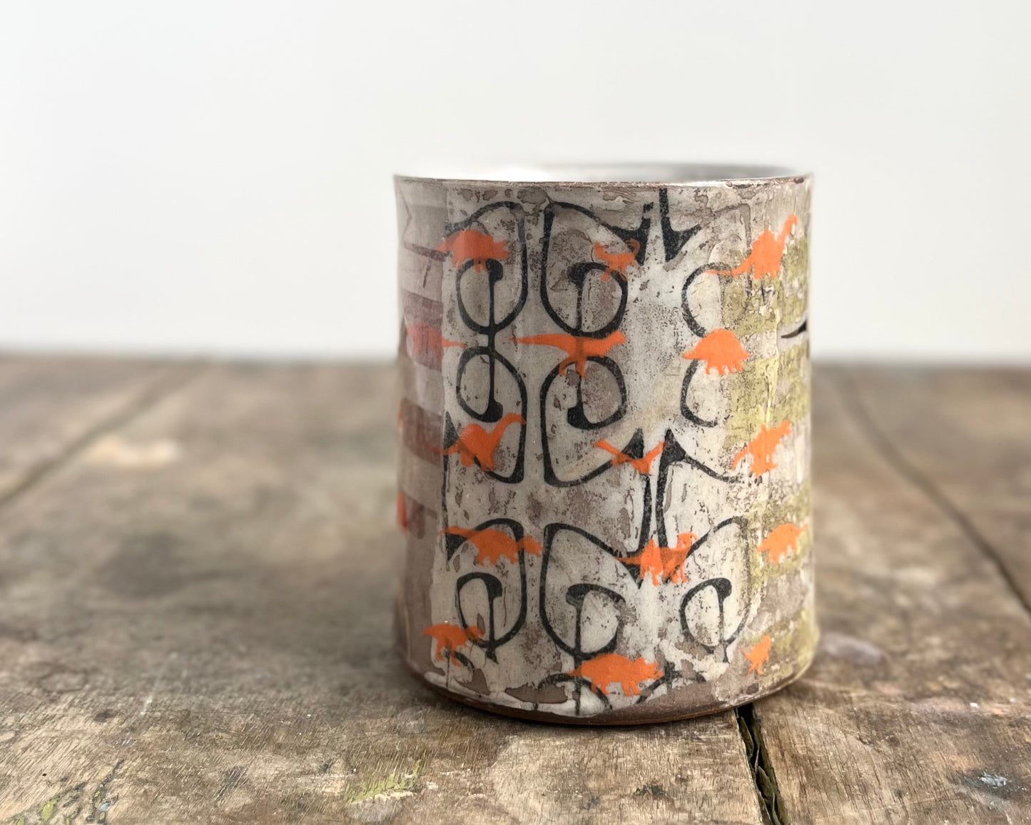 Mug with slip, gold decals and image transfer