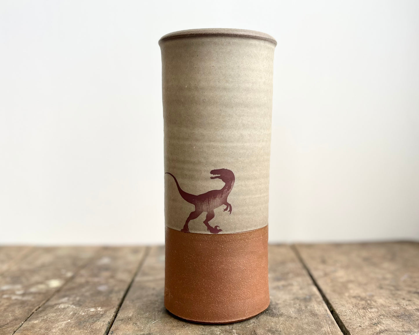 Cylindrical Vase with velociraptor pack - warm grey matte