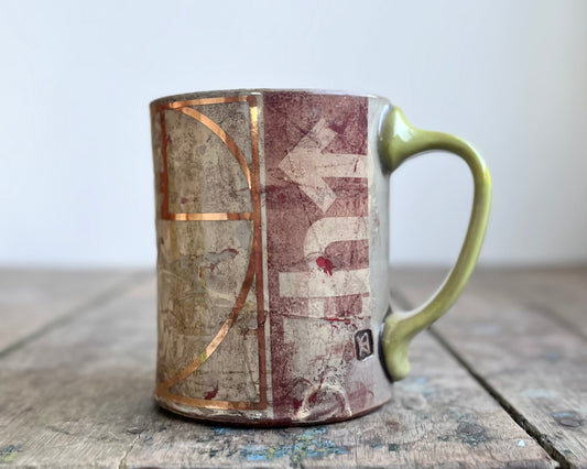 Mug with slip, gold decals and image transfer