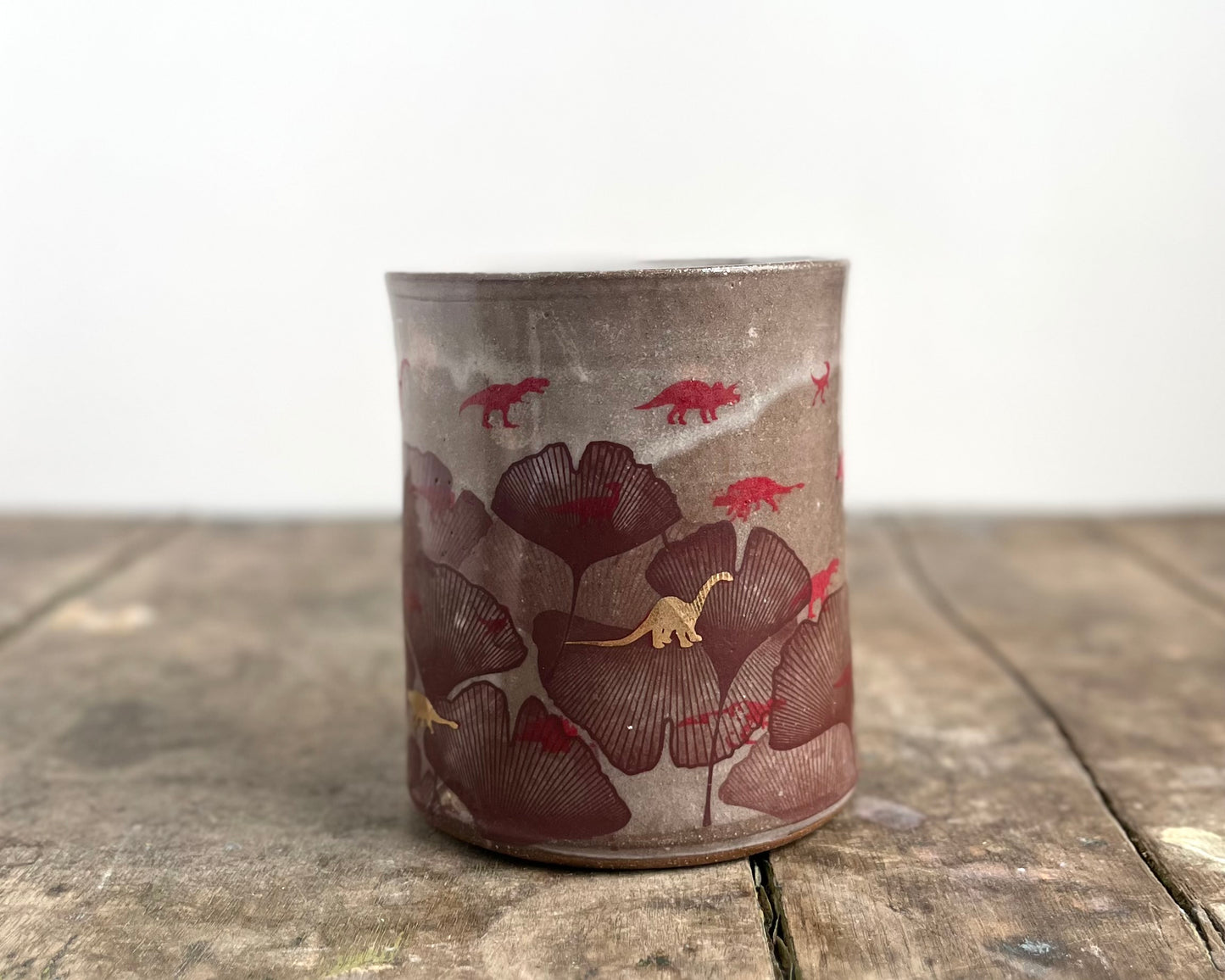 Mug with slip, gold decals and image transfer