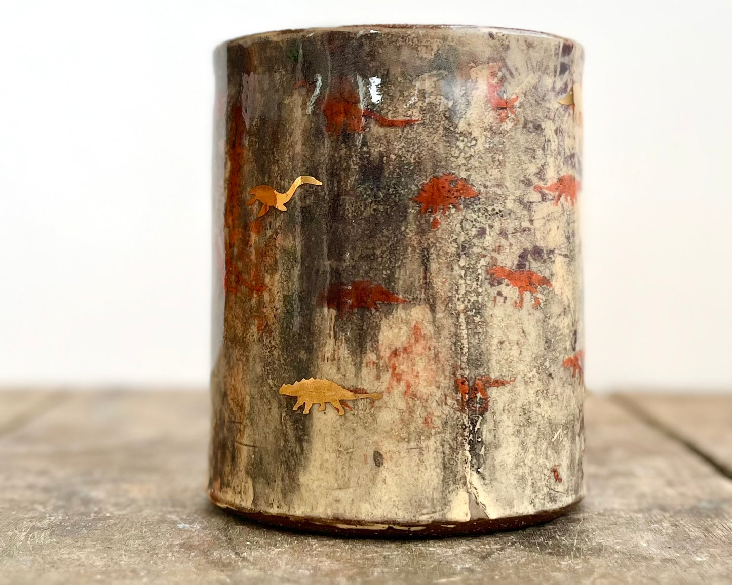 Mug with slip, gold decals and image transfer