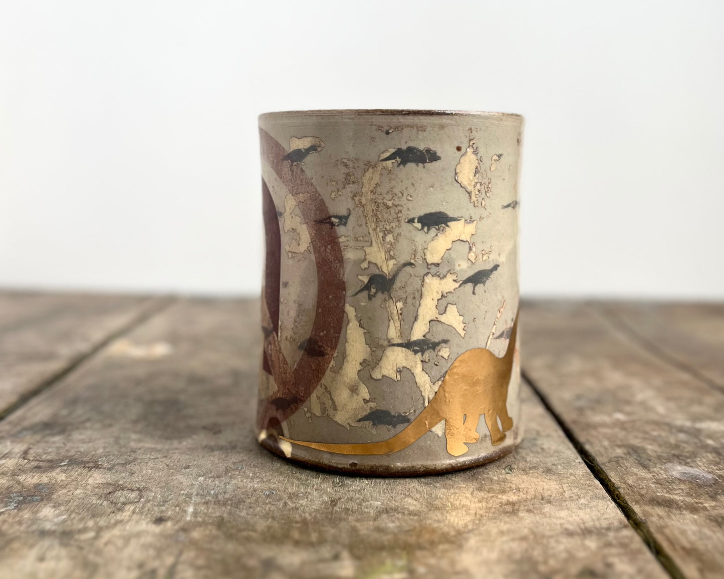Mug with slip, gold decals and image transfer