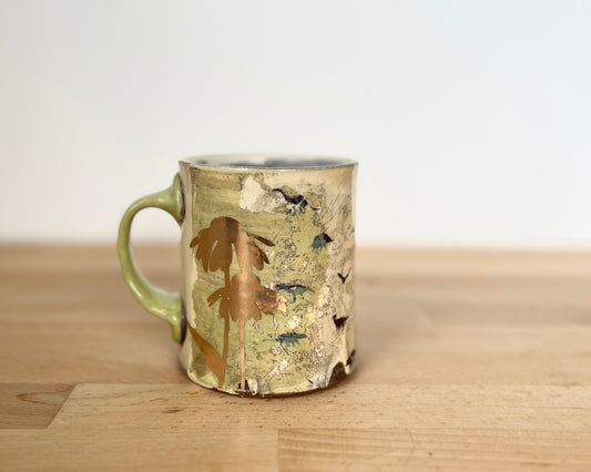 Mug with slip, gold decals and image transfer