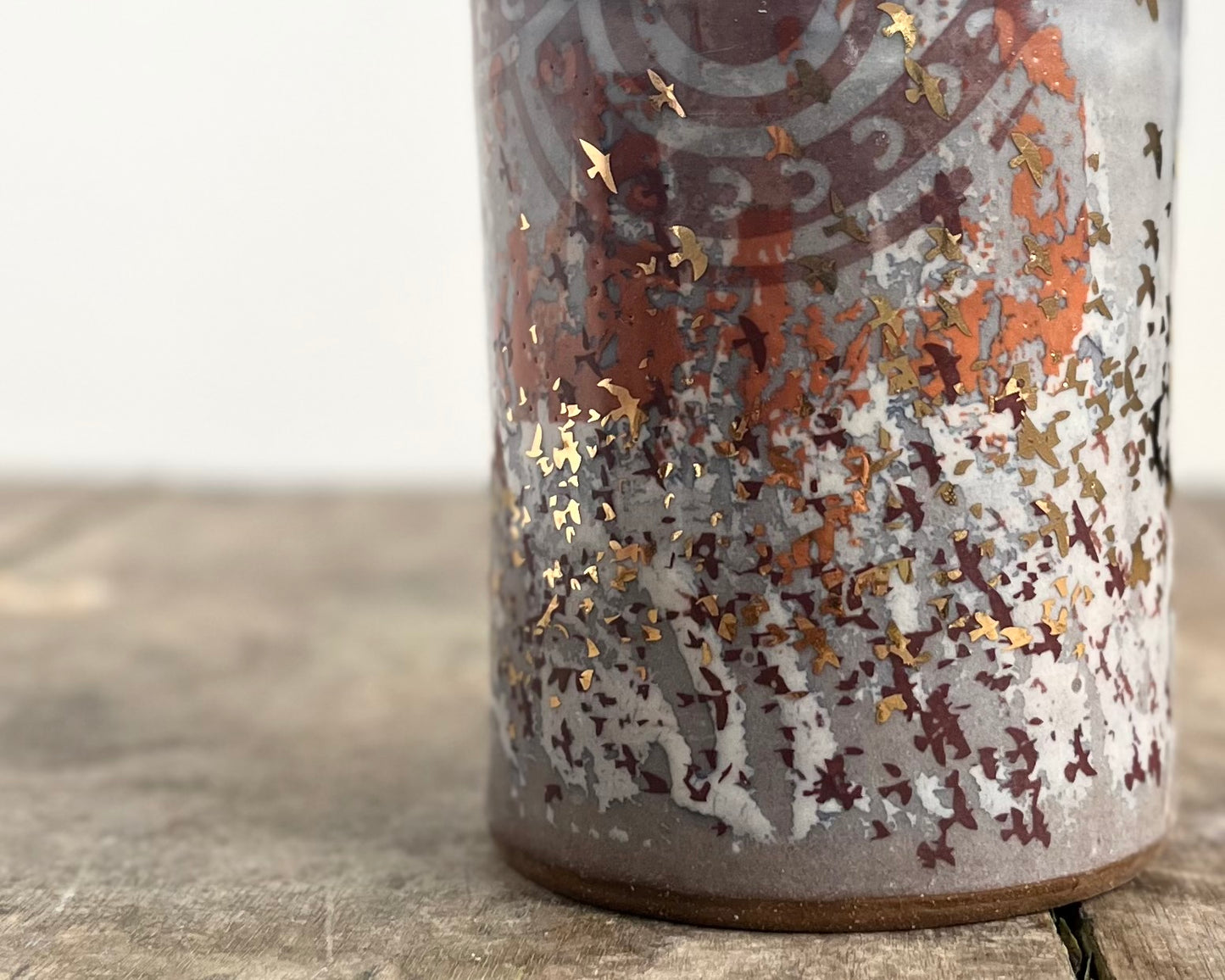 Mug with slip, gold decals and image transfer