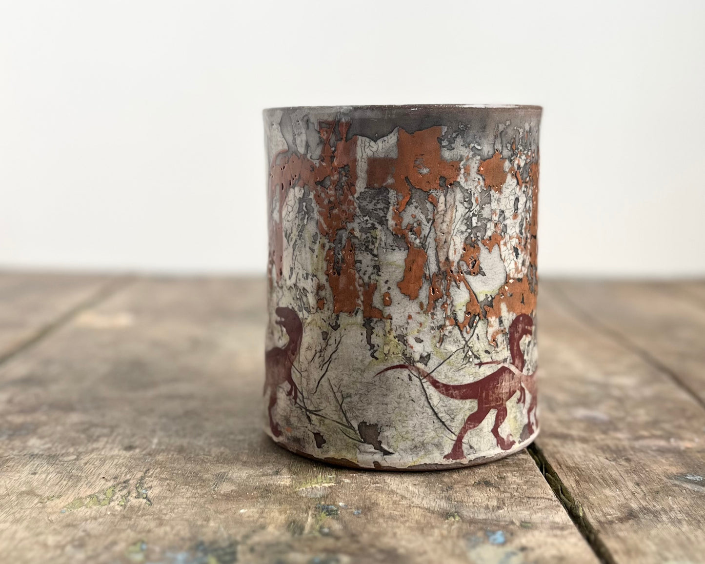 Mug with slip, gold decals and image transfer