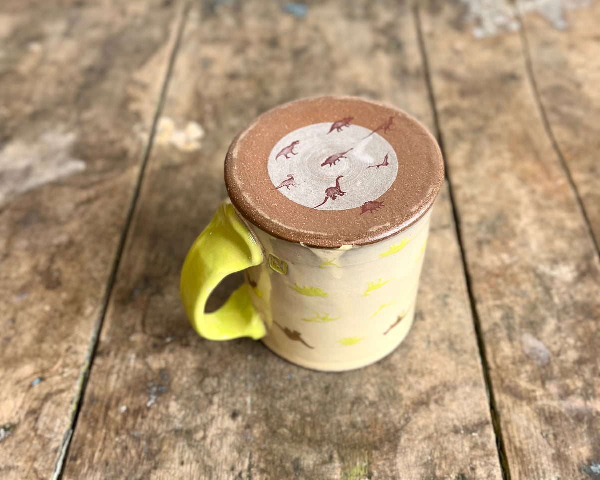 Mug with green handle, gold decals and image transfer
