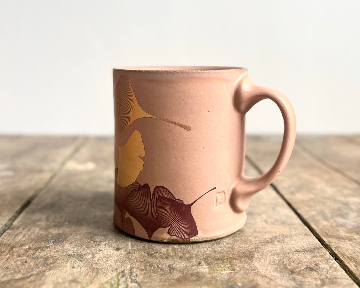 Gold Ginkgo Mug - matte pink