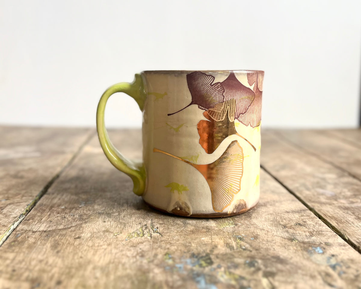 Mug with green handle, ginkgo, gold decals and image transfer