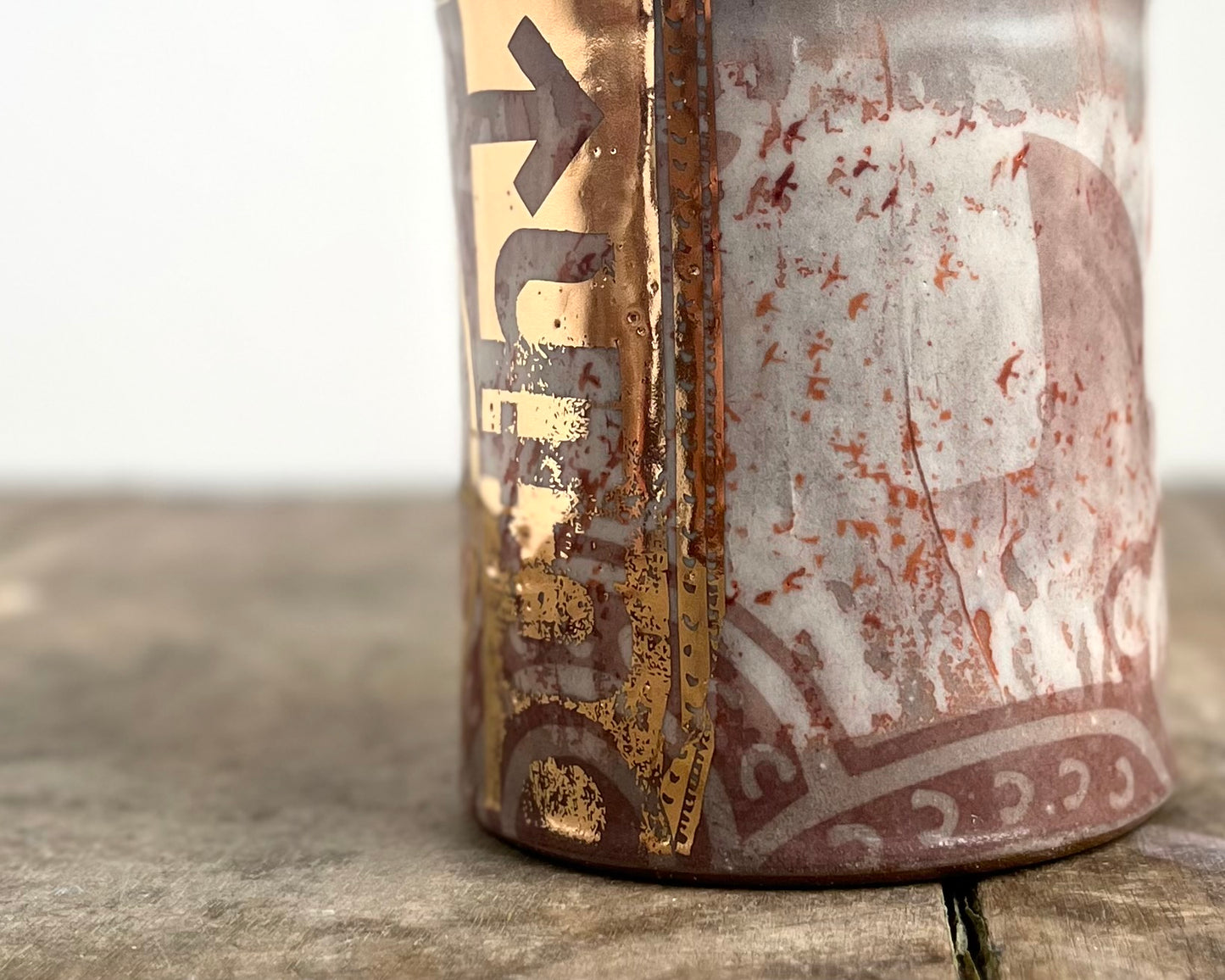 Mug with slip, gold decals and image transfer