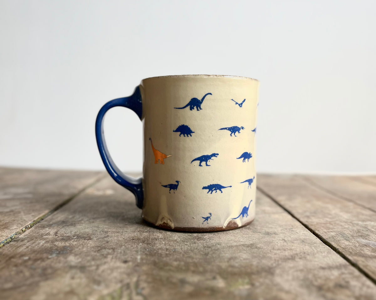 Mug with blue handle, gold decals and image transfer