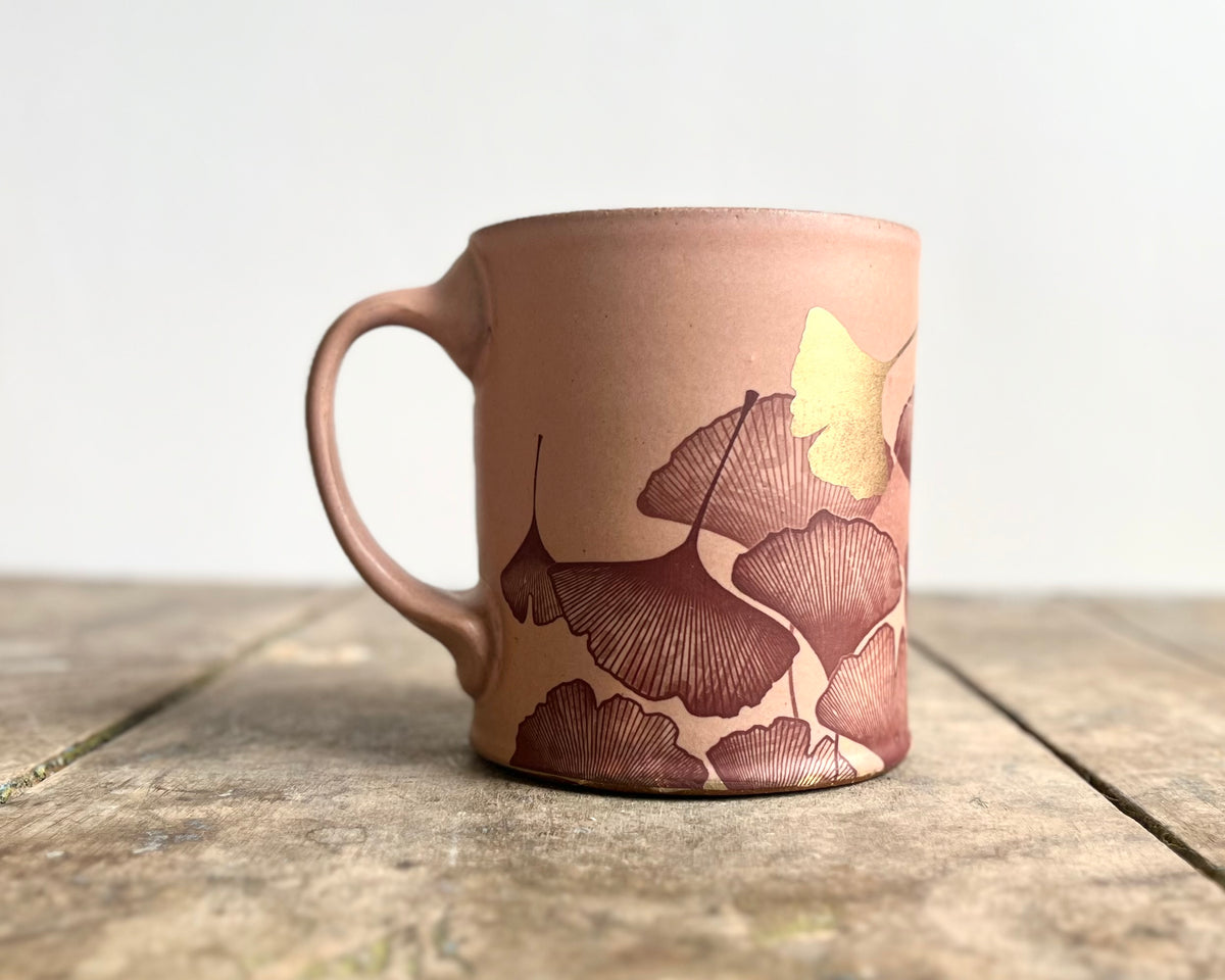 Gold Ginkgo Mug - matte pink