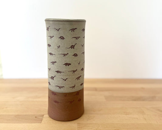 Cylindrical Vase with little dinosaurs - warm grey matte
