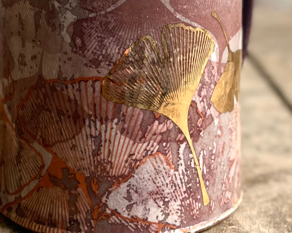 Mug with slip, gold decals and image transfer