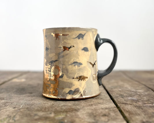 Mug with slip, gold decals and image transfer