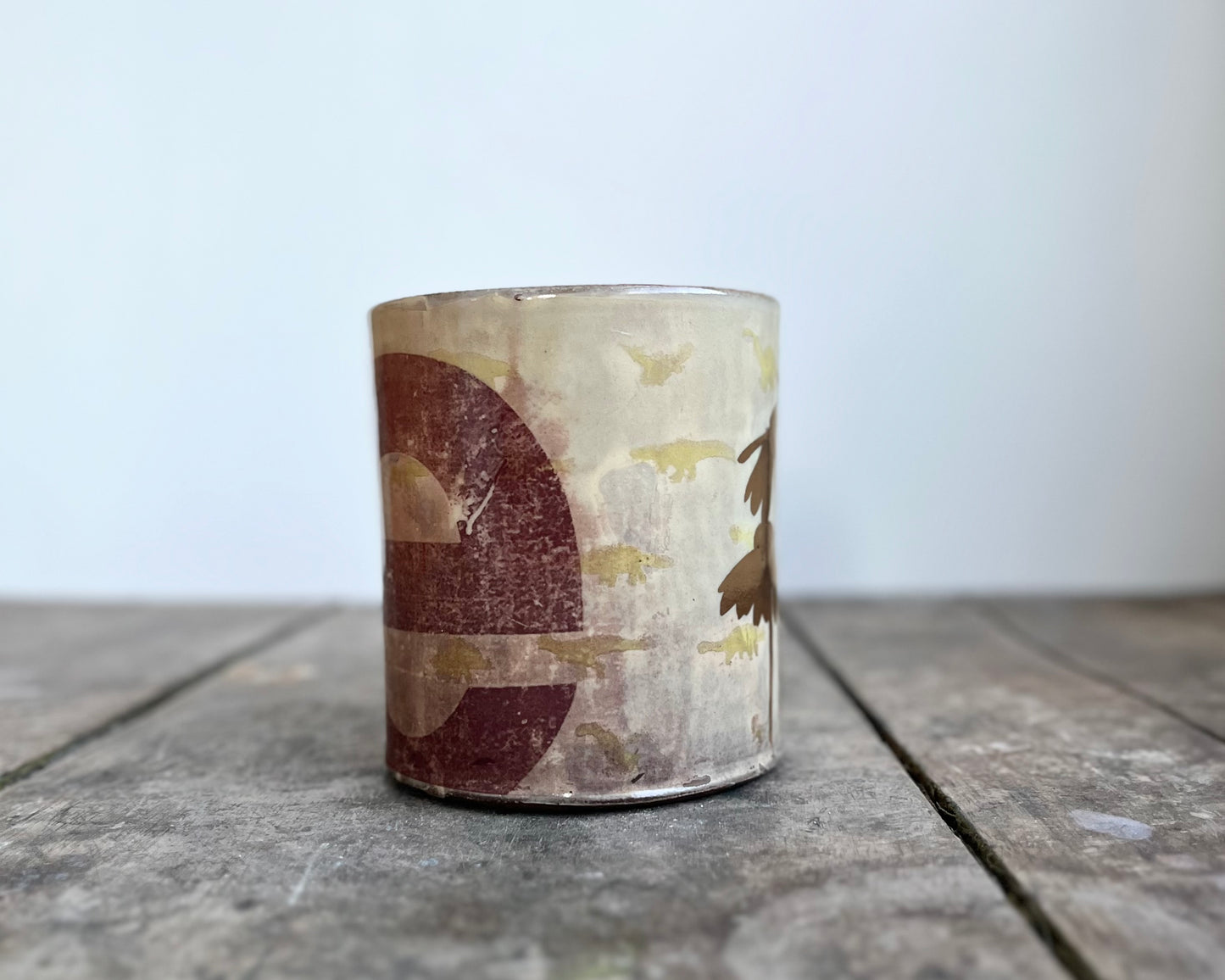 Mug with slip, gold decals and image transfer