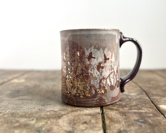 Mug with slip, gold decals and image transfer