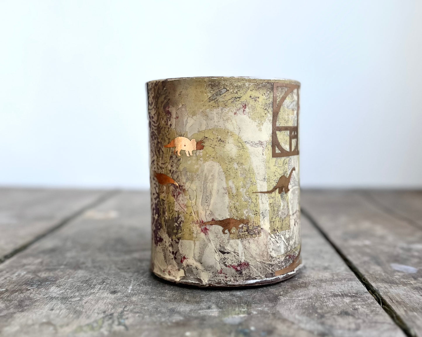 Mug with slip, gold decals and image transfer