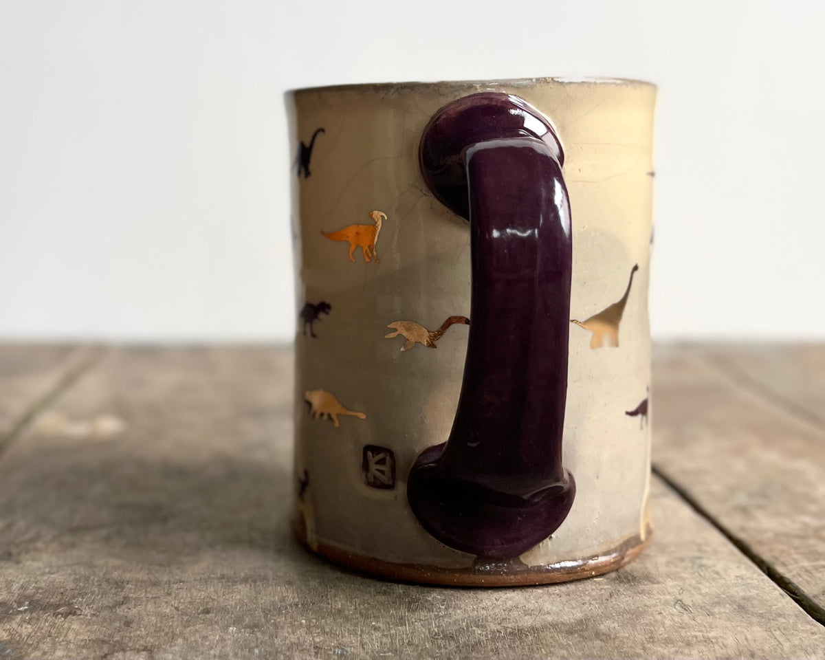 Mug with purple handle, gold decals and image transfer