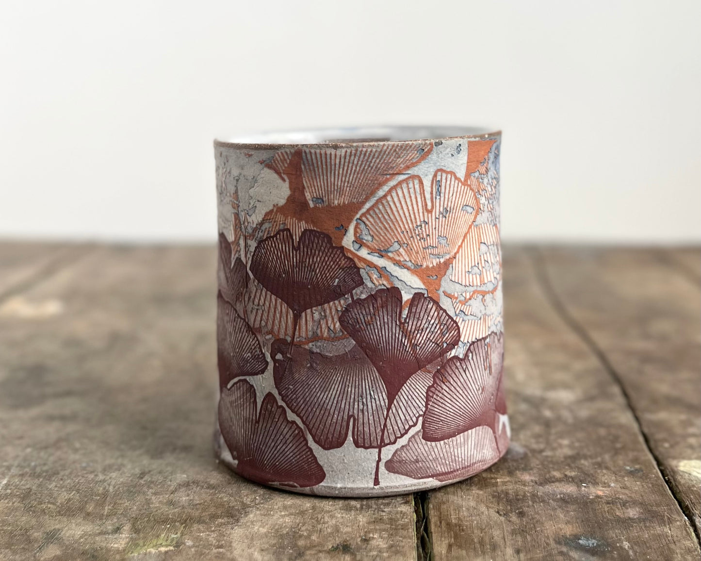 Mug with slip, gold decals and image transfer