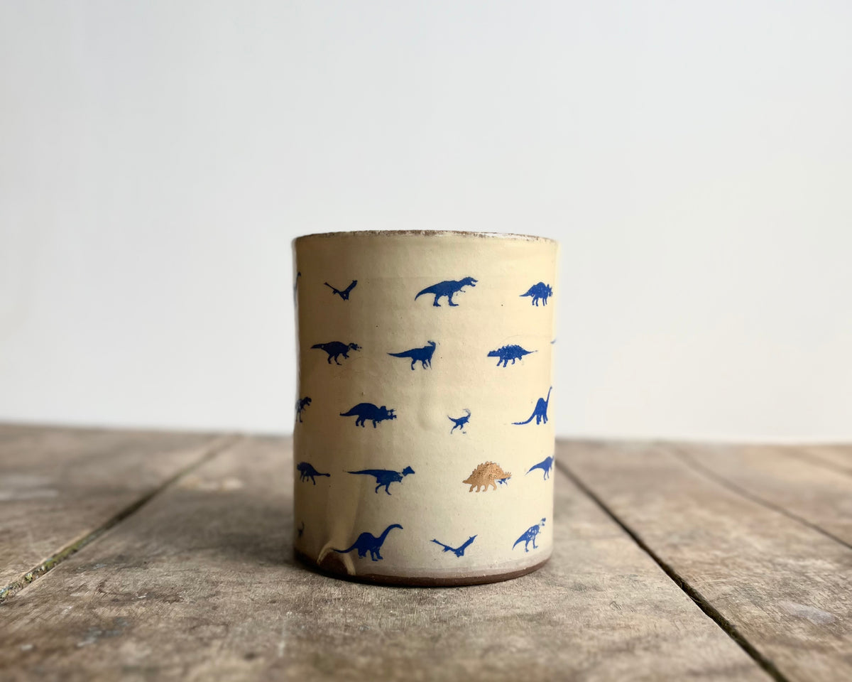Mug with blue handle, gold decals and image transfer