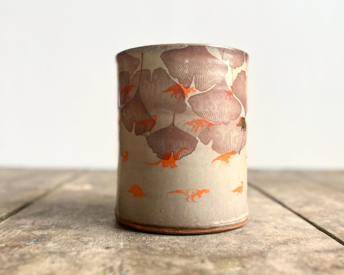 Mug with orange handle, gold decals and image transfer