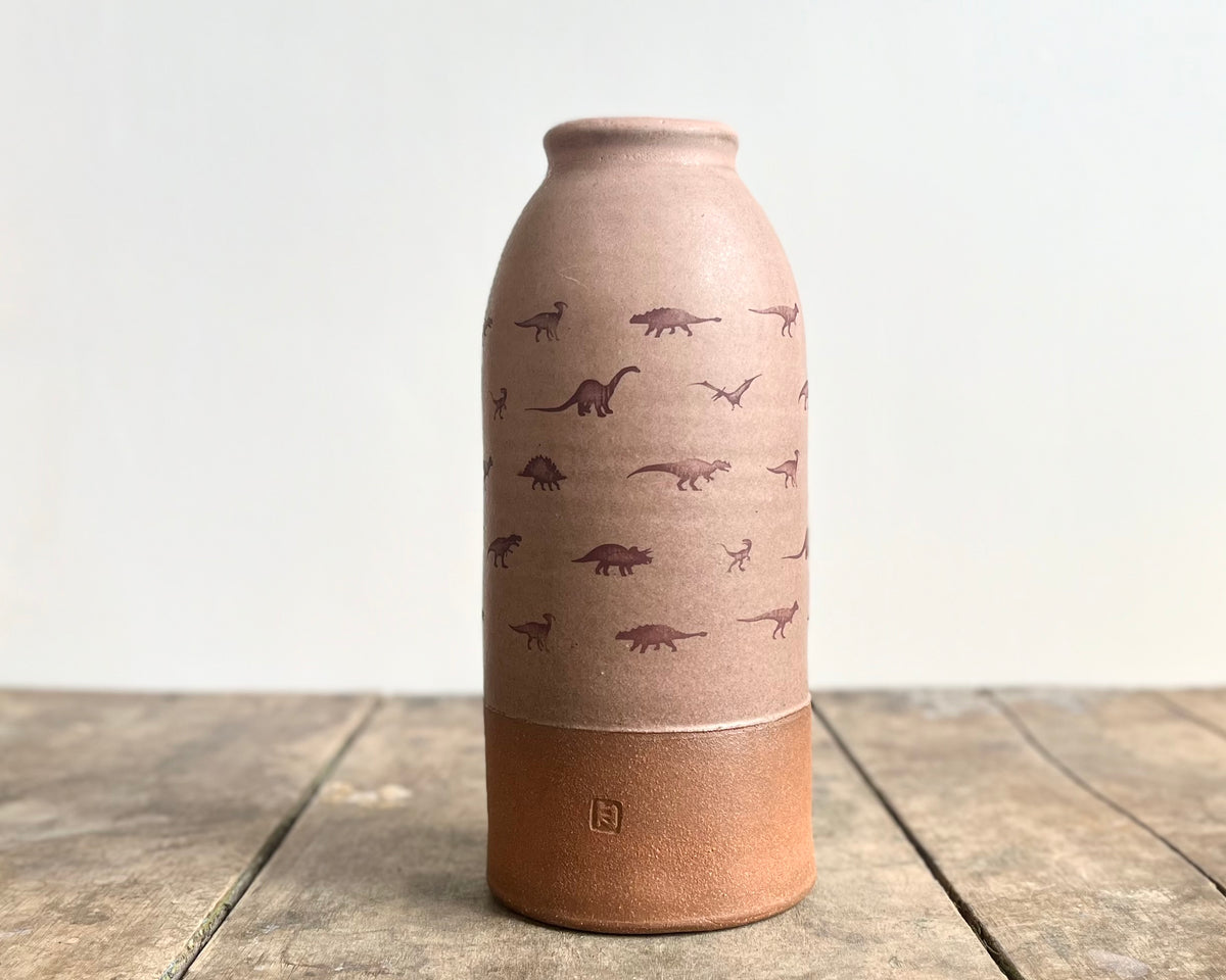Vase with Small Dinosaurs - pink matte