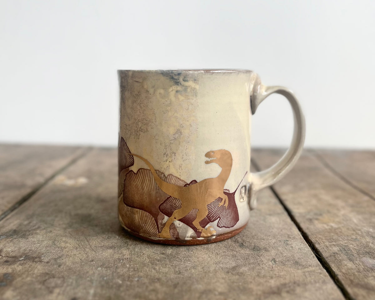 White Mug with slip, gold velociraptor and image transfer