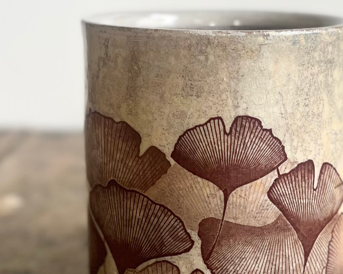 White Mug with slip, gold velociraptor and image transfer
