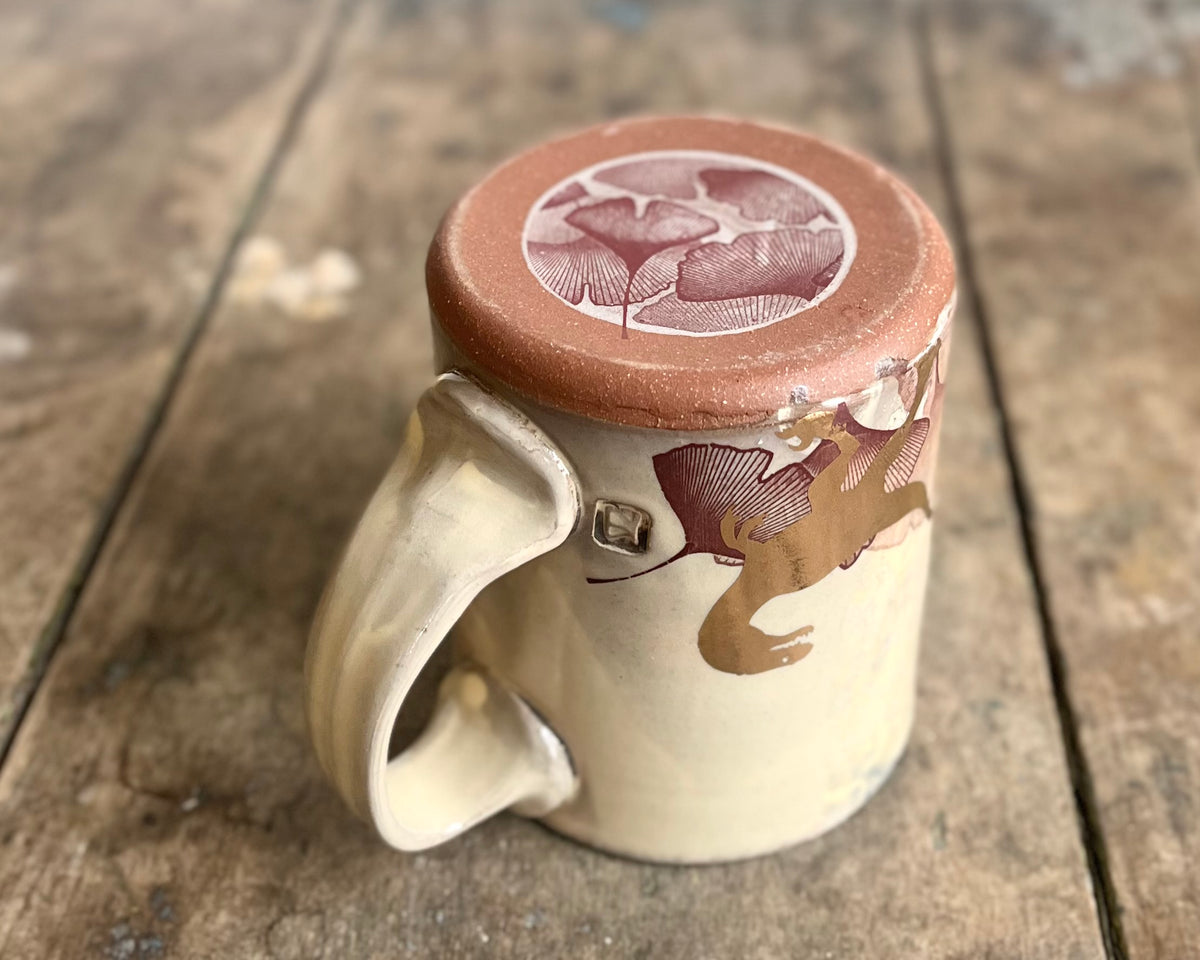 White Mug with slip, gold velociraptor and image transfer