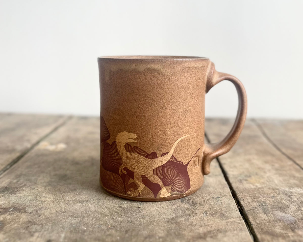 Gold Velociraptor and Ginkgo Mug - Matte Brown