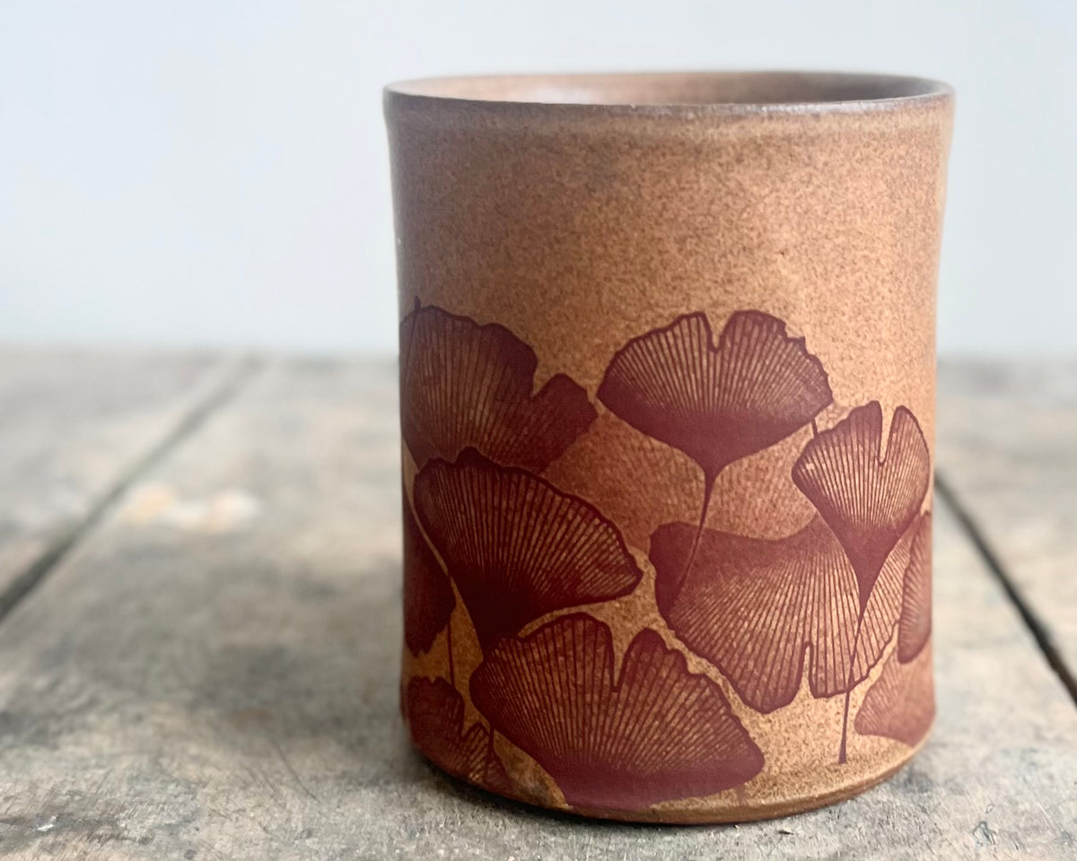 Gold Velociraptor and Ginkgo Mug - Matte Brown