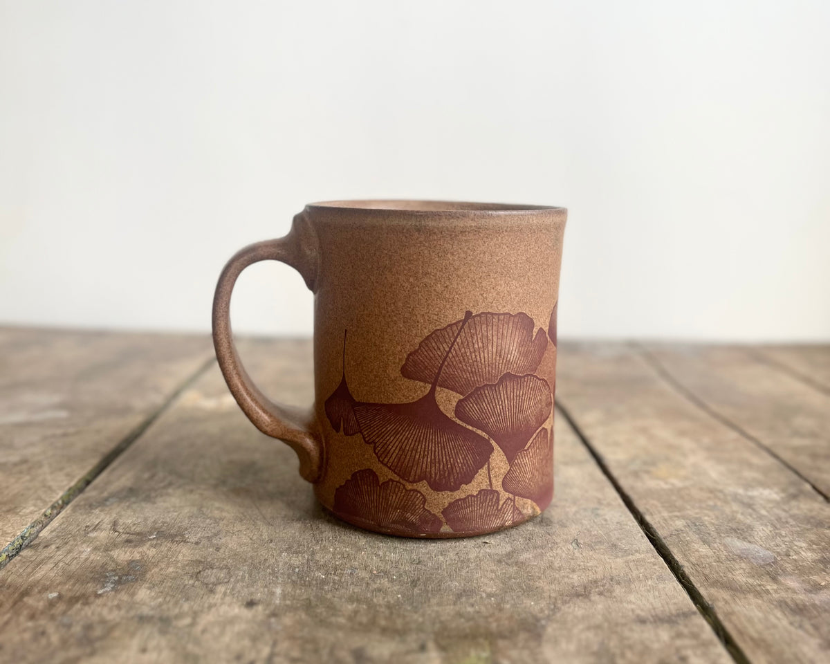 Gold Velociraptor and Ginkgo Mug - Matte Brown