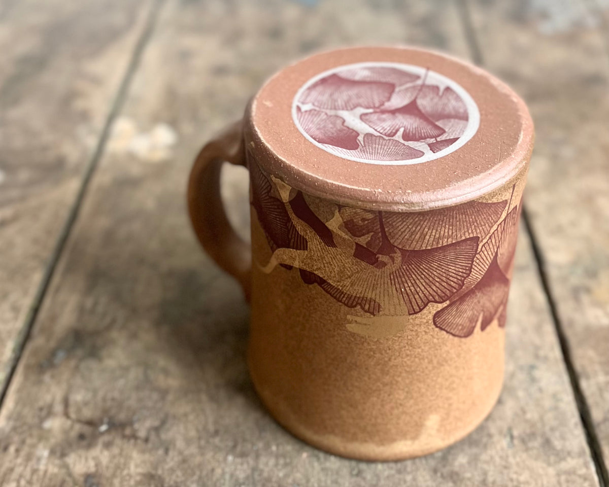 Gold Velociraptor and Ginkgo Mug - Matte Brown